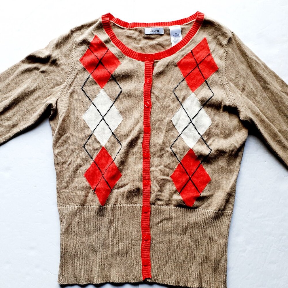 Liz & Co Womens Cardigan Tan Orange Argyle Medium New